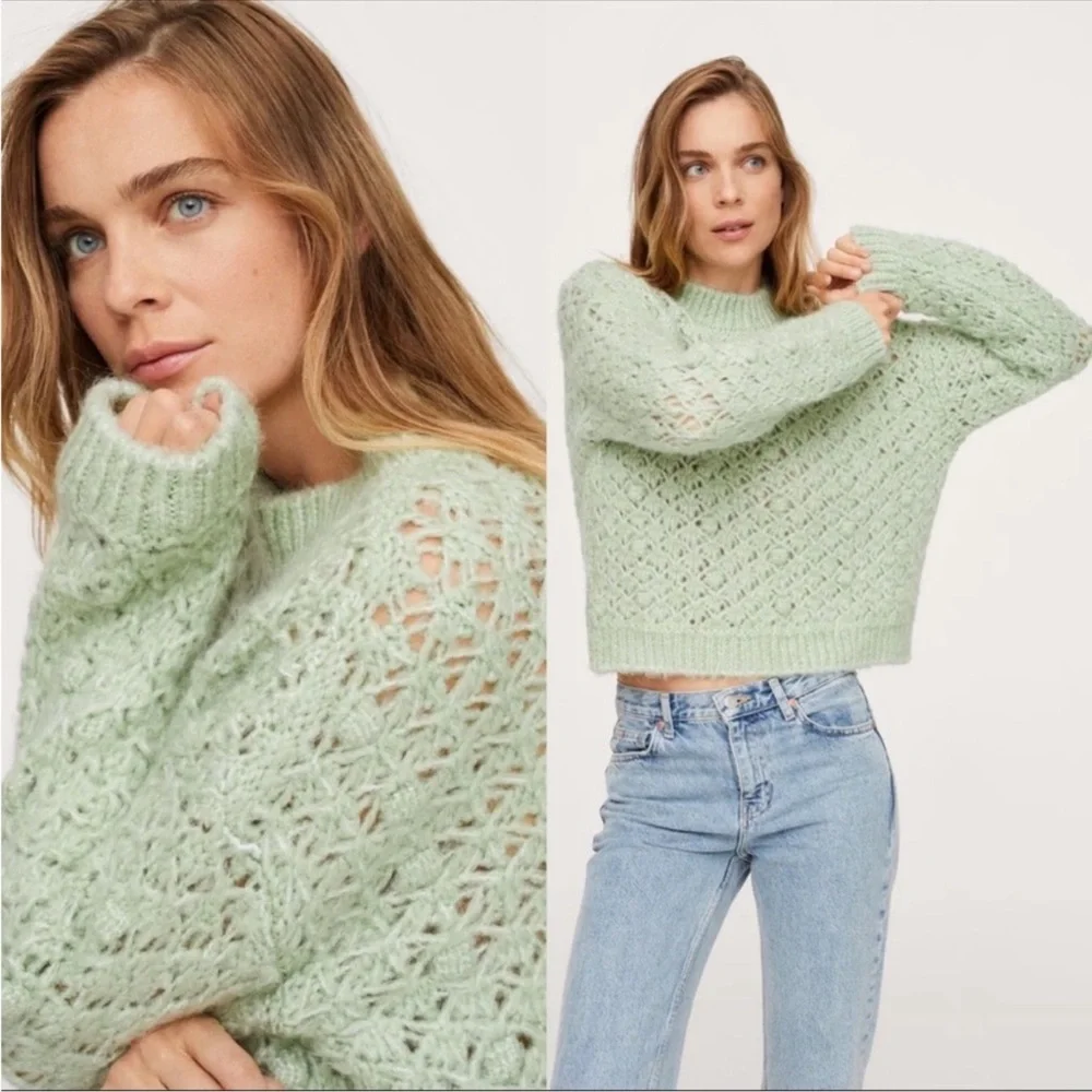 Mango Openwork Knit Sweater Chunky Pom Rounded Neckline Ribbed Trim Pastel Sz XL - Picture 4 of 8
